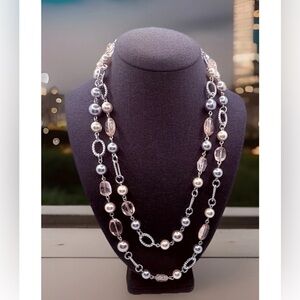 Vintage Pink Gray & Champange Faux Pearl Beaded Necklace Silvertone Links 48”